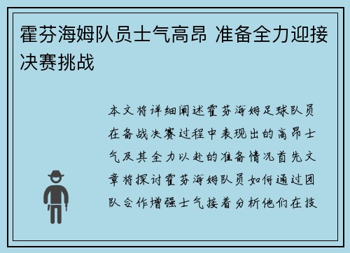 霍芬海姆队员士气高昂 准备全力迎接决赛挑战